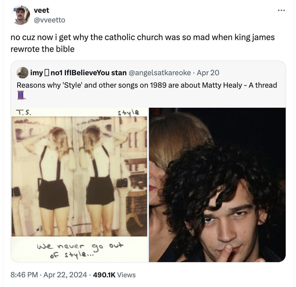 taylor swift style single spotify - veet no cuz now i get why the catholic church was so mad when king james rewrote the bible imyno1 IfIBelieve You stan Apr 20 Reasons why 'Style' and other songs on 1989 are about Matty Healy A thread T.S. style We never
